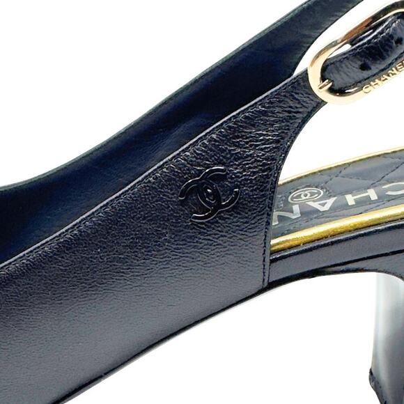 Chanel CC Logo Bow Black Gold Slingback Quilted Mary Jane Block Heels Loafers 38 - Picture 6 of 12